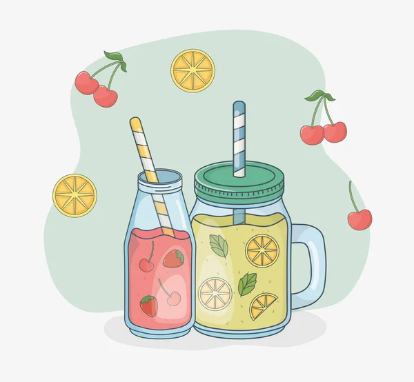 Ensemble de récipients à verres avec jus de fruits et pailles — Image vectorielle