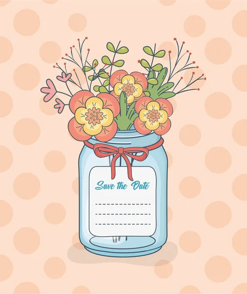 Tarro de albañil con decoraciones florales y guardar la tarjeta de fecha — Archivo Imágenes Vectoriales