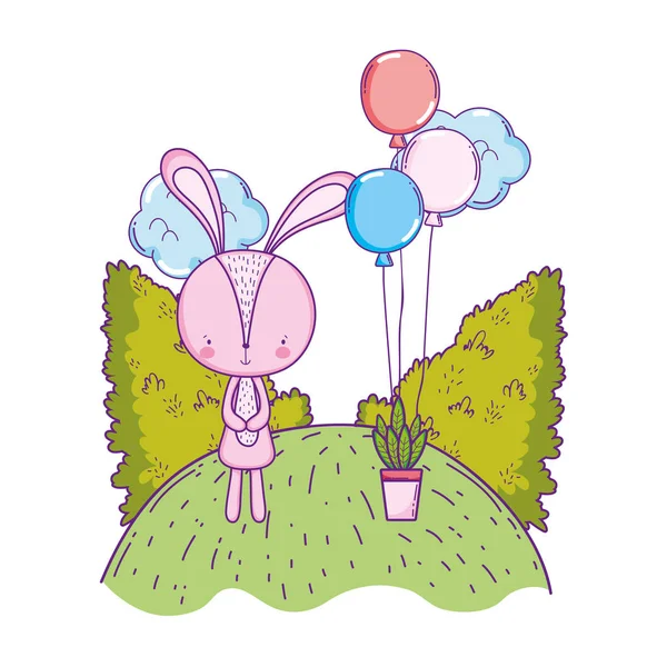 Mignon petit lapin avec ballons hélium dans le paysage — Image vectorielle