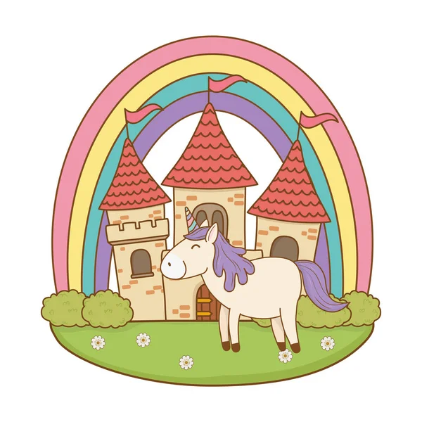 Licorne avec château et arc-en-ciel dans le domaine — Image vectorielle