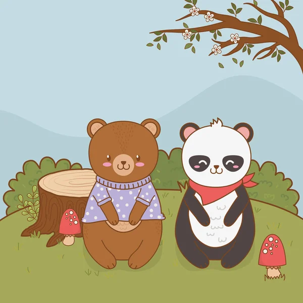 Söt björnar Panda och Teddy i fältet skogsmark karaktär — Stock vektor