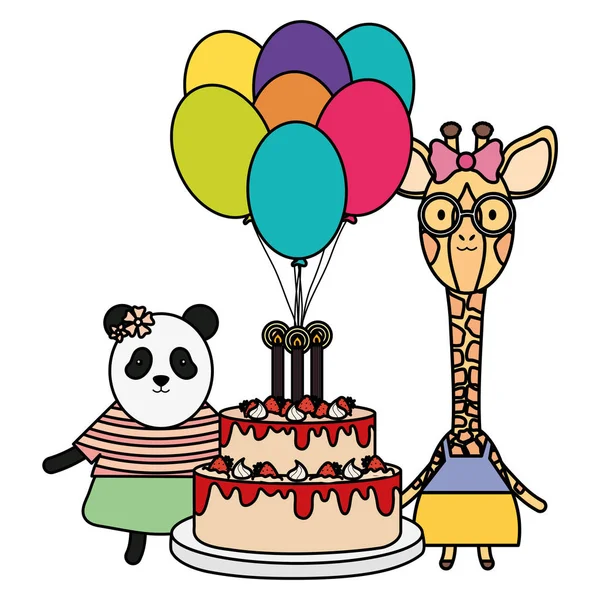 Girafe mignonne et ours panda dans la fête d'anniversaire — Image vectorielle