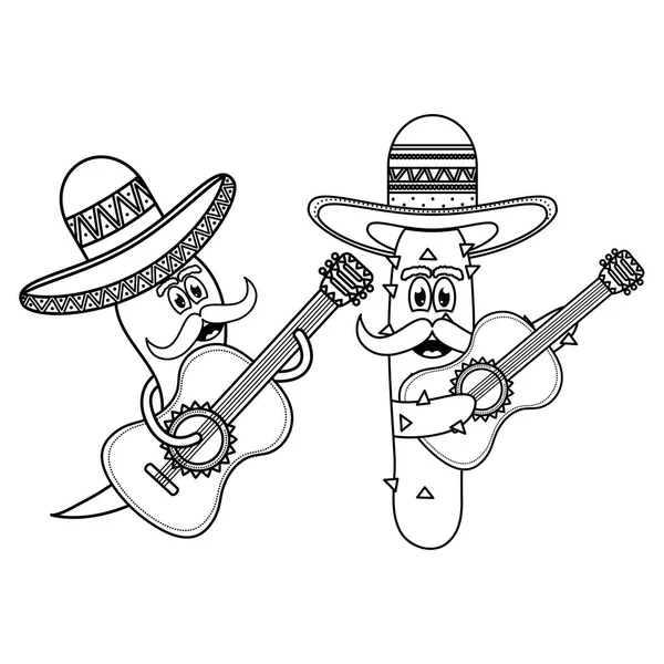 Cacto mexicano e chili com chapéus e guitarras personagens cômicos — Vetor de Stock