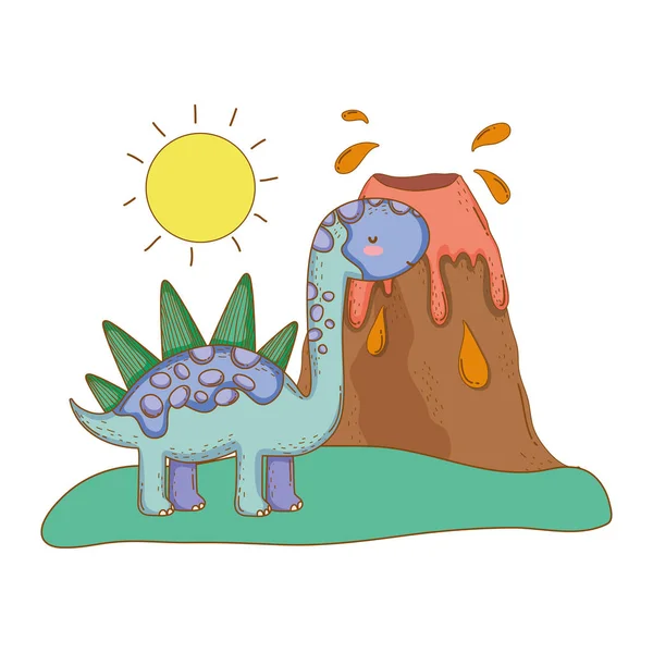 Apatosaure mignon avec scène de volcan — Image vectorielle