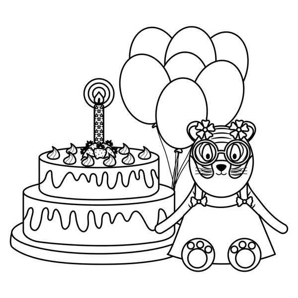 Leuke tijger met cake en ballonnen helium in verjaardagsfeestje — Stockvector