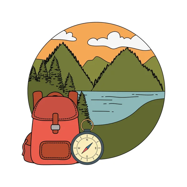 Guía de brújula con bosque de pinos y bolsa de viaje — Vector de stock