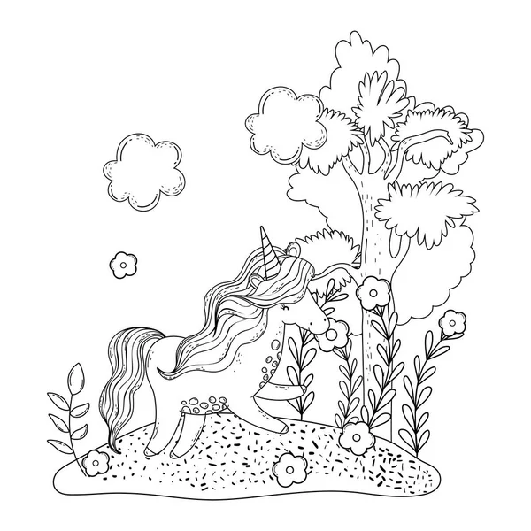 Beautiful little unicorn in the landscape — Stock Vector