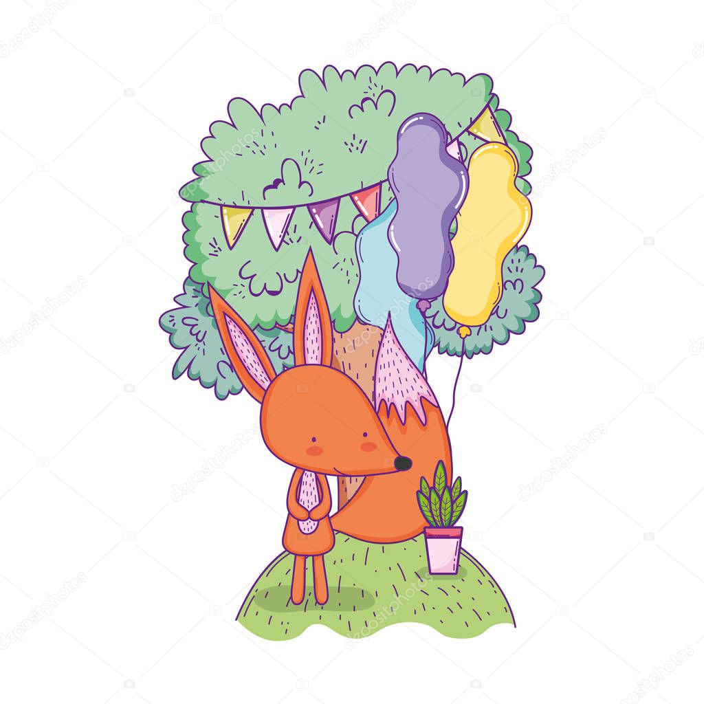 cute and little fox with balloons helium in the landscape