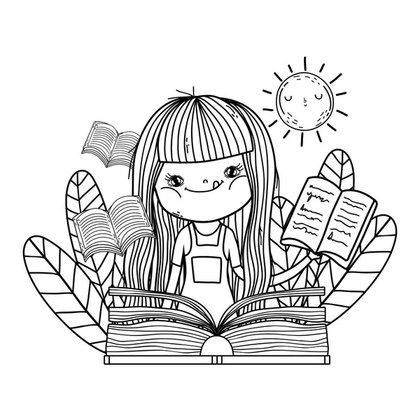 Menina leitura livro com sol kawaii no campo — Vetor de Stock