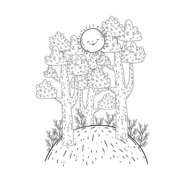 Güneş kawaii ve ağaçları ile güzel manzara