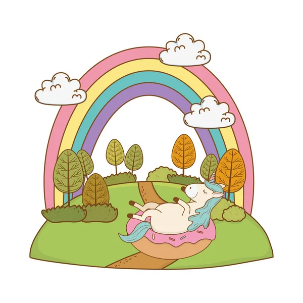 Cute fairytale unicorn with rainbow in the field — Stock Vector