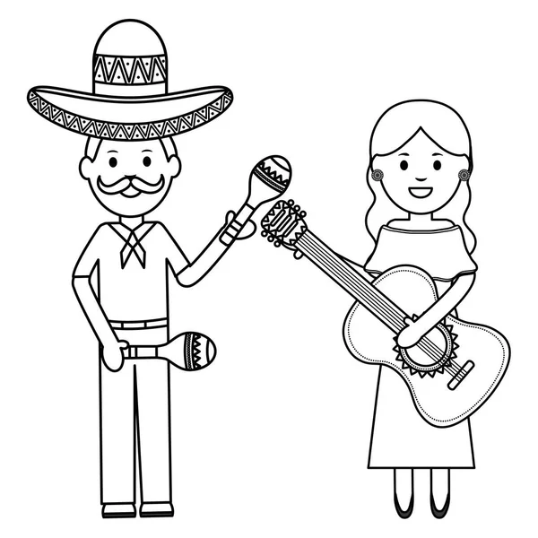 Mexicains couple avec chapeau mariachi et instruments — Image vectorielle