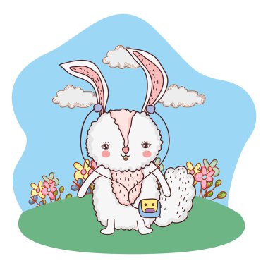 parkta walkman ile sevimli küçük tavşan