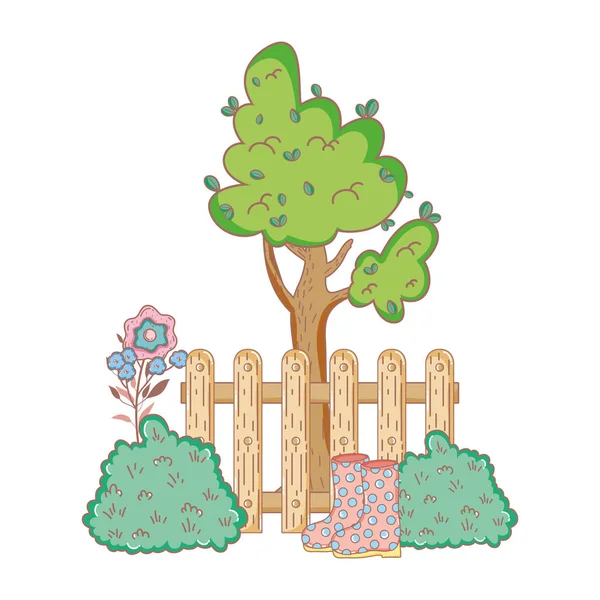 Plante d'arbre avec clôture et buisson — Image vectorielle