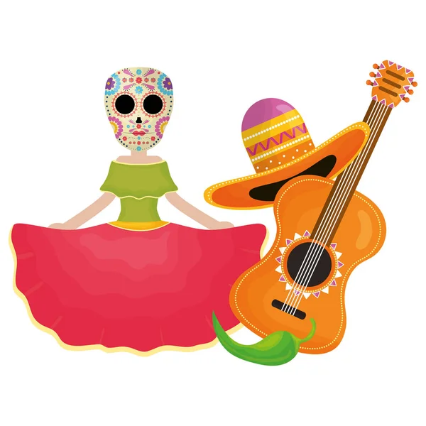 Traditional katrina with guitar and hat character — Stock Vector