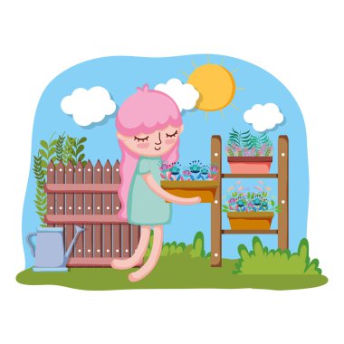 bahçede raf ile houseplant kaldırma küçük kız