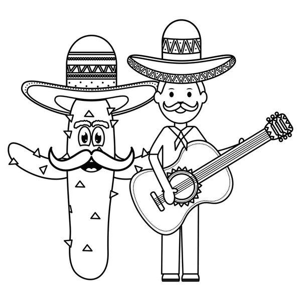 Мексиканец с кактусами и гитаристами — стоковый вектор