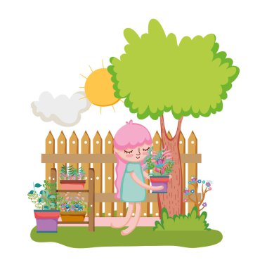 küçük kız çit ve ağaç ile houseplant kaldırma