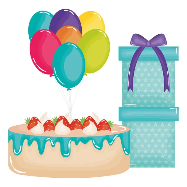 Pudełko ze słodkim ciastem i balonami helu pływające — Wektor stockowy