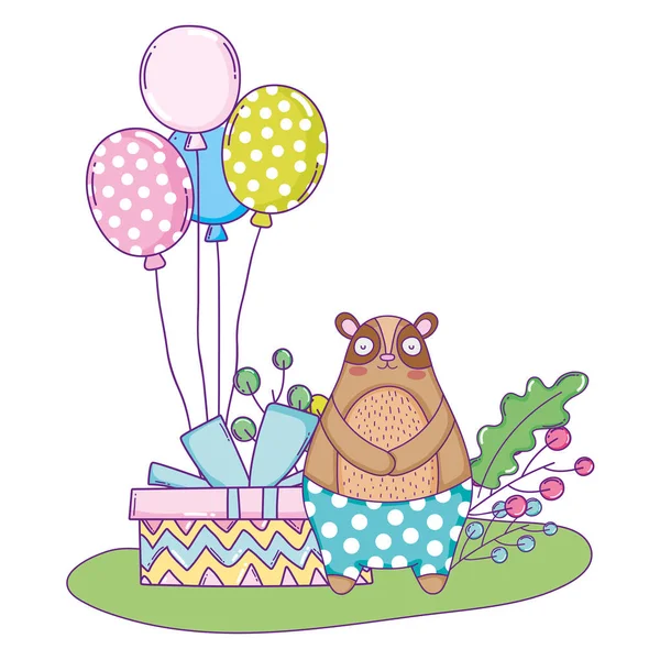 Lindo oso con globos de helio en el paisaje — Vector de stock