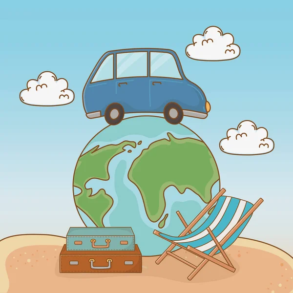 Världen planet med bil och resor semester objekt — Stock vektor
