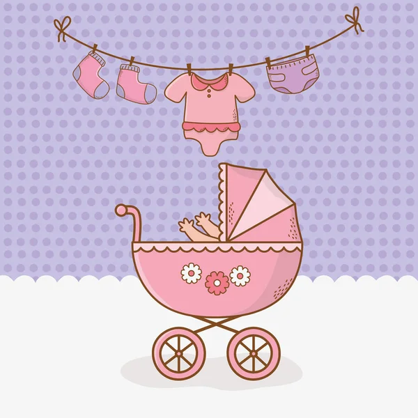 Cartão de banho de bebê com carrinho rosa — Vetor de Stock