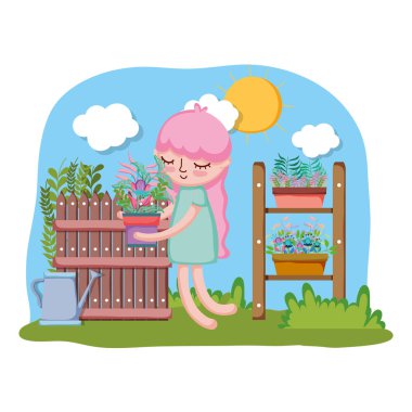 bahçede raf ile houseplant kaldırma küçük kız