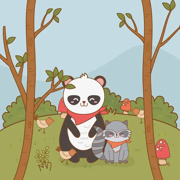 Söt Björn Panda i fältet skogsmark karaktär — Stock vektor