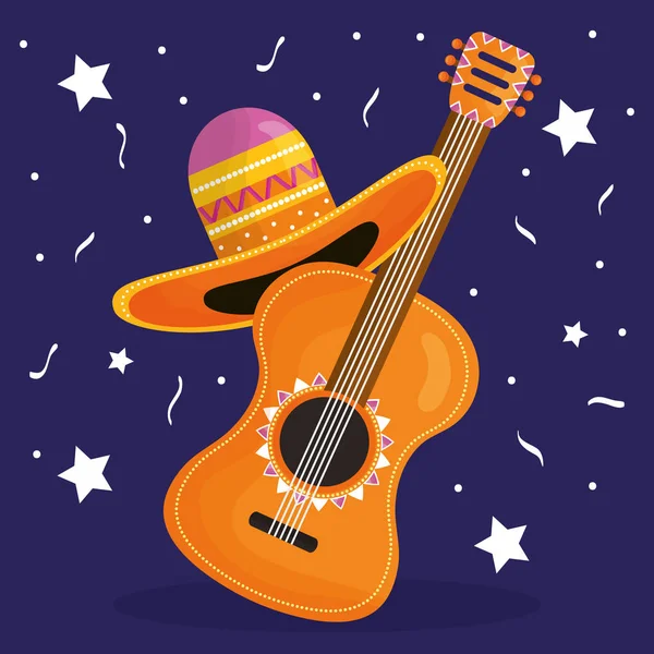 Cinco de mayo celebration with guitar and hat mexican — Stock Vector