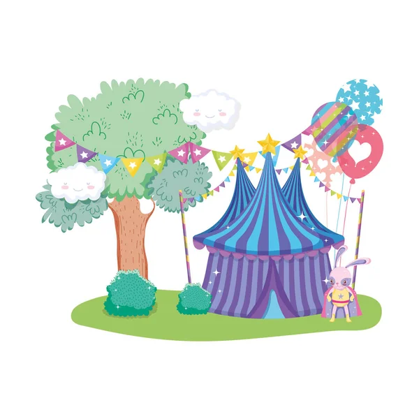 Милый цирковой кролик со слоем и палаткой — стоковый вектор