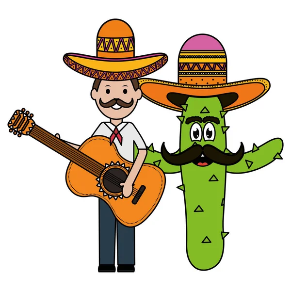 Pria meksiko dengan kaktus dan karakter gitar - Stok Vektor
