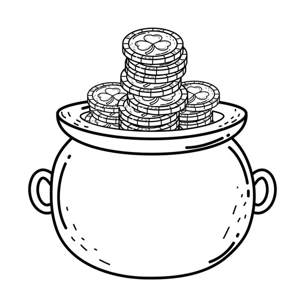 Tesoro caldero con tréboles monedas santo patrick día — Vector de stock