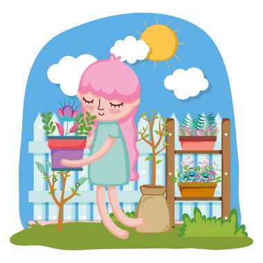 çit ve raf ile houseplant kaldırma küçük kız