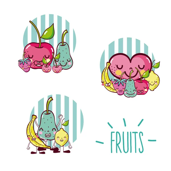 Conjunto de frutas lindas dibujos animados — Vector de stock