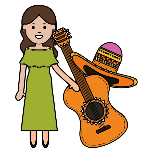 모자와 기타와 아름다운 멕시코 여자 — 스톡 벡터