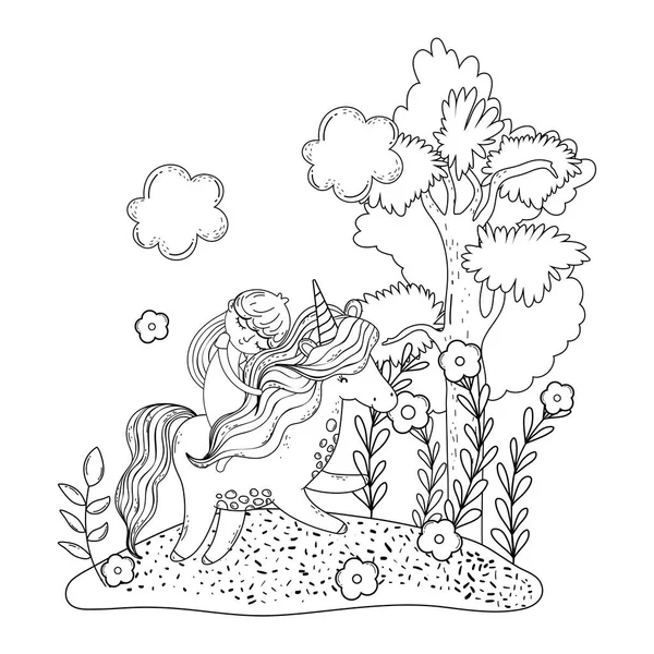 Beautiful little unicorn with princess in the landscape — Stock Vector