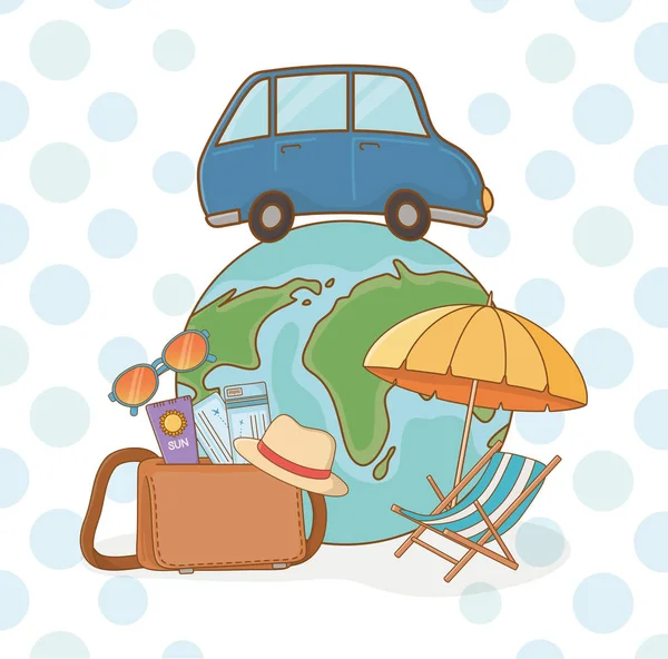 Planeta del mundo con coche y viajes artículos de vacaciones — Vector de stock