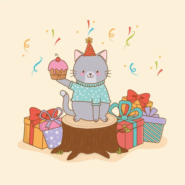 birthday card with cute cat woodland