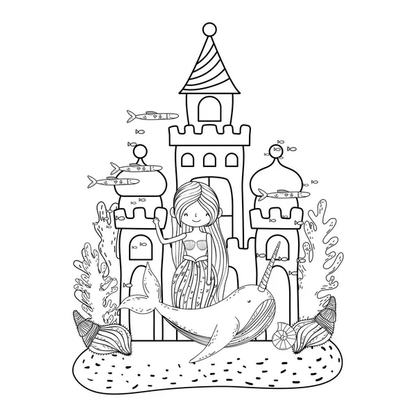 Belle sirène avec narval au château — Image vectorielle