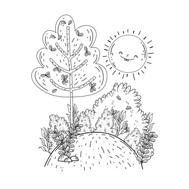 Güneş kawaii ve ağaçları ile güzel manzara