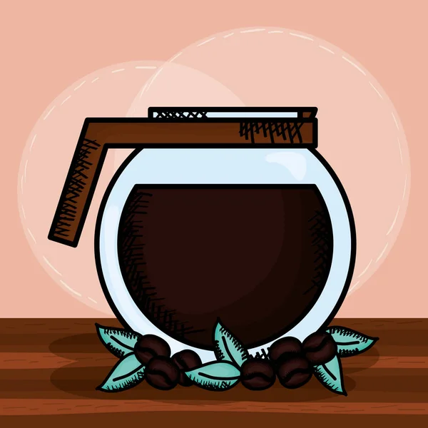 Panela cafeteira com grãos e folhas — Vetor de Stock