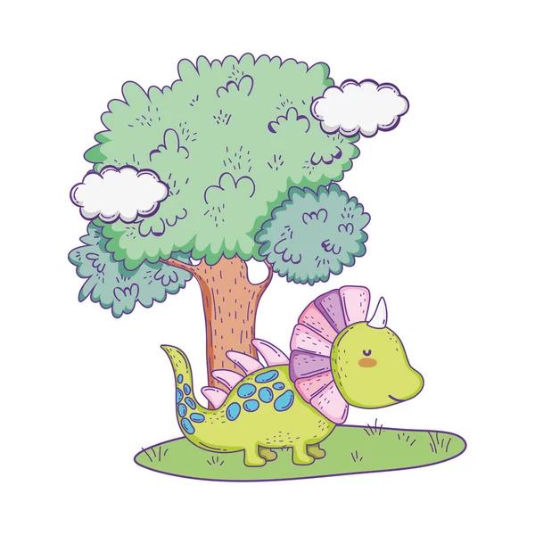 Dinosauro carino con albero nel paesaggio — Vettoriale Stock