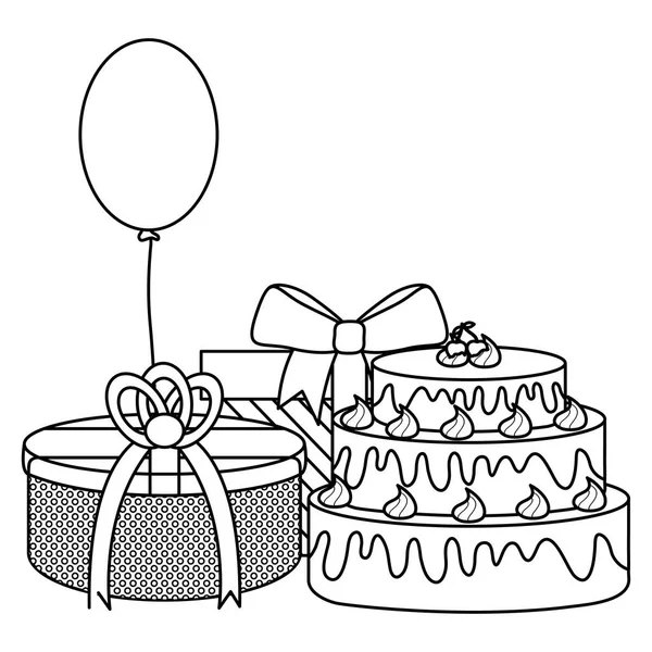 달콤한 케이크와 풍선 헬륨 부동 선물 상자 — 스톡 벡터