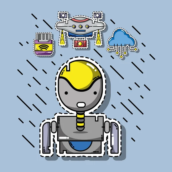 Robot dan drone teknologi patch stiker - Stok Vektor