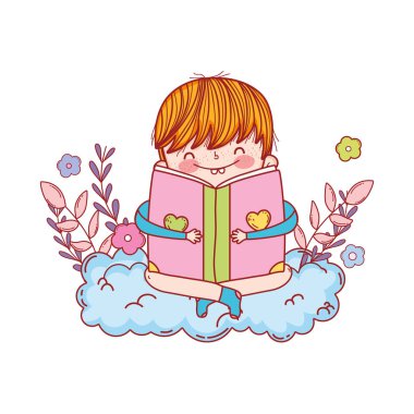 mutlu küçük çocuk bulutlar ile kitap okuma