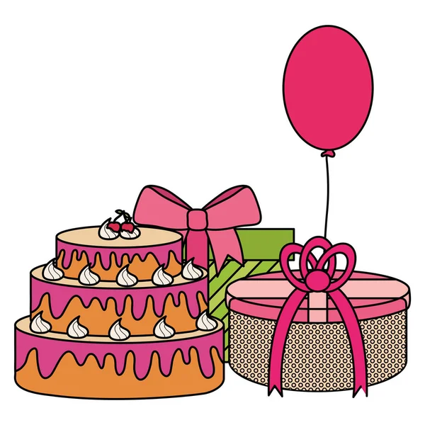 礼品盒与甜蛋糕和气球氦浮动 — 图库矢量图片