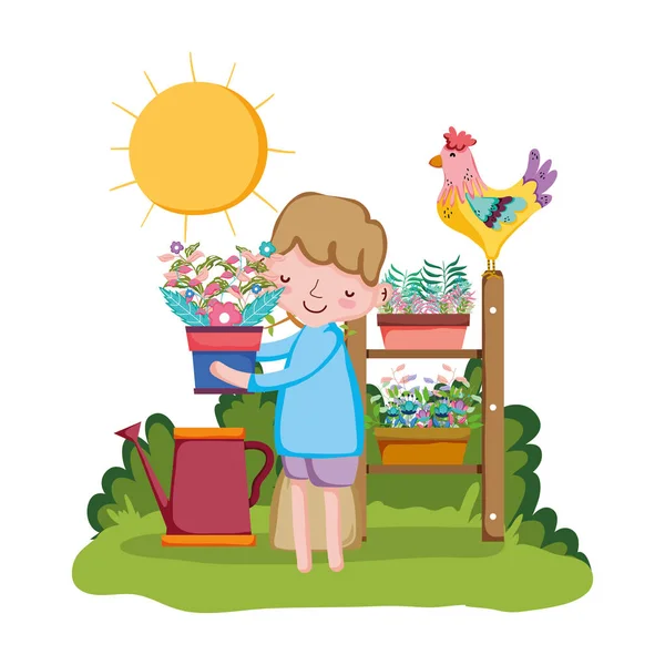 raf ve horoz ile küçük çocuk kaldırma houseplant