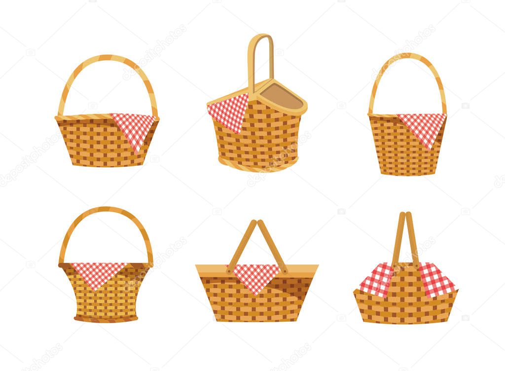 set of hamper with food and tablecloth decoration