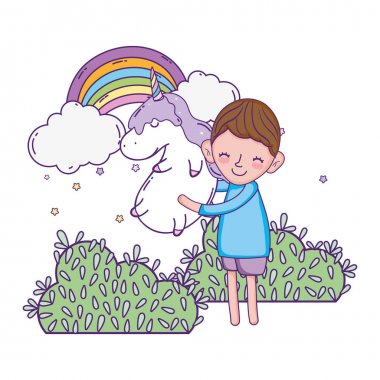 Unicorn Kawaii karakteri ile küçük çocuk