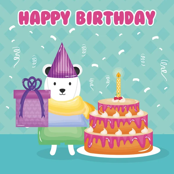 Щаслива листівка на день народження з білим ведмедем і тортом — стоковий вектор